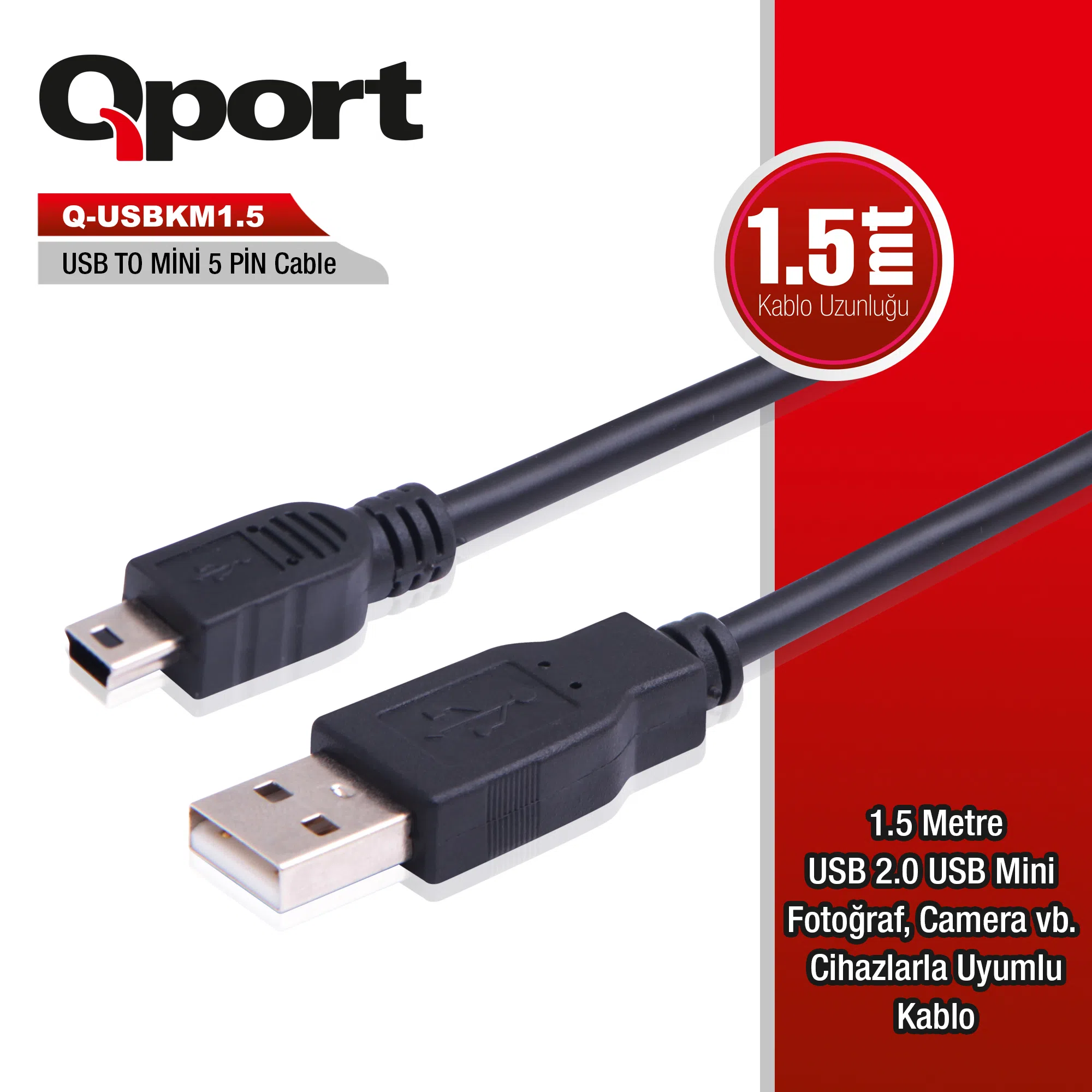Qport Q-USBKM1.5 USB 2.0 - Mini USB 1.5m Data Kablo