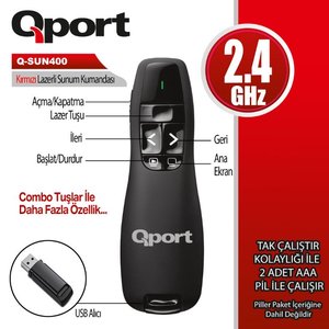 QPORT Q-SUN400 2.4 GHZ USB KIRMIZI LAZERLİ SUNUM KUMANDASI - PRESENTER