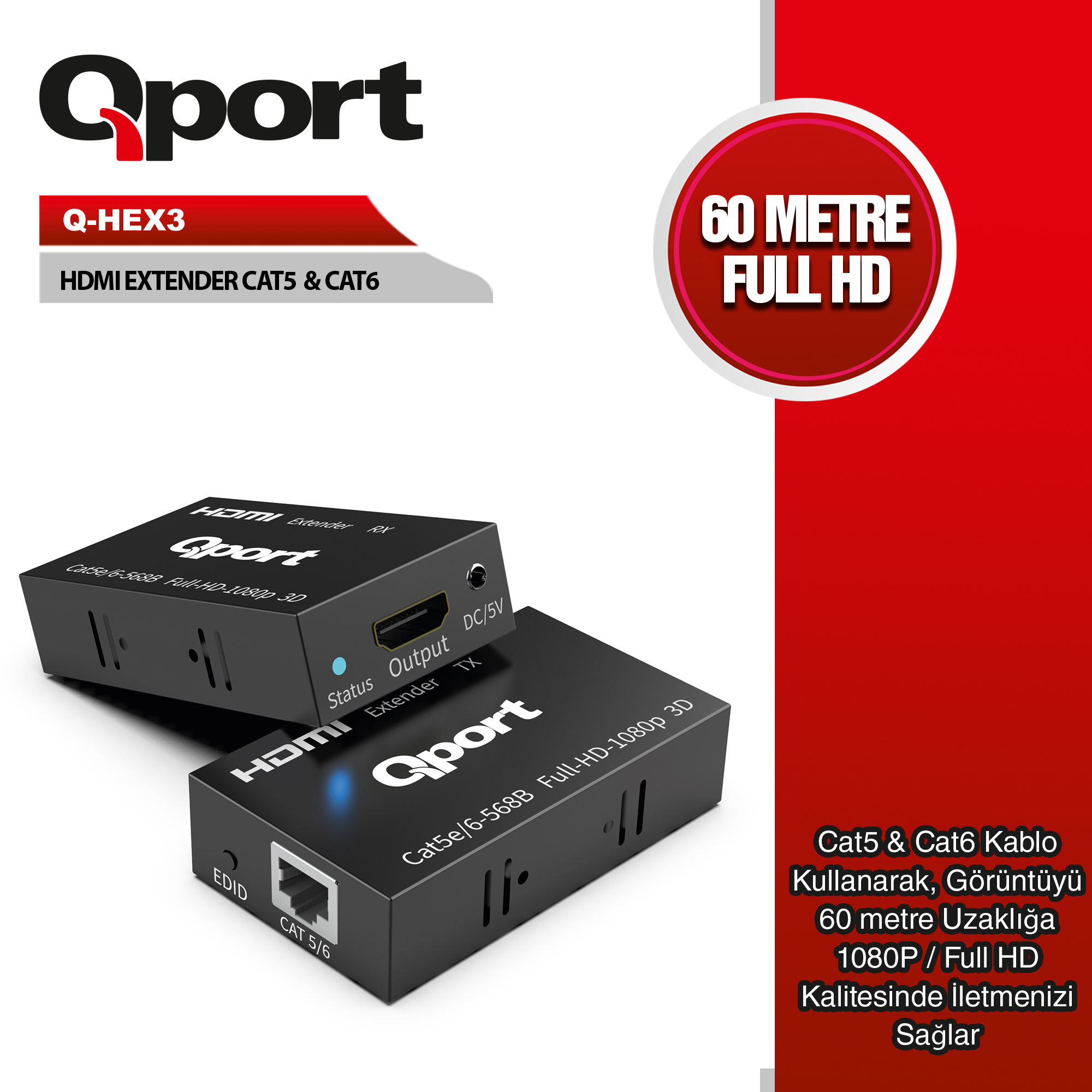 QPORT Q-HEX3 HDMI EXTENDER CAT6 60M 2 LI PAKET