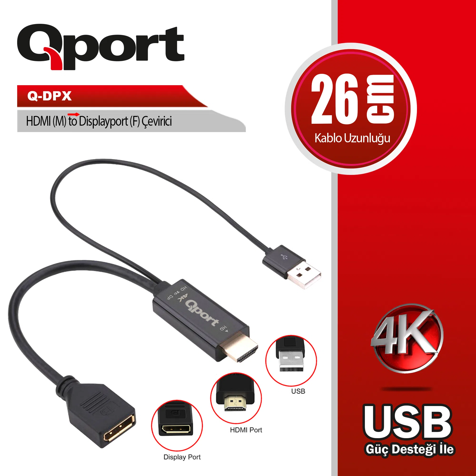 Qport Q-DPX HDMI (M) - DisplayPort (F) Çevirici