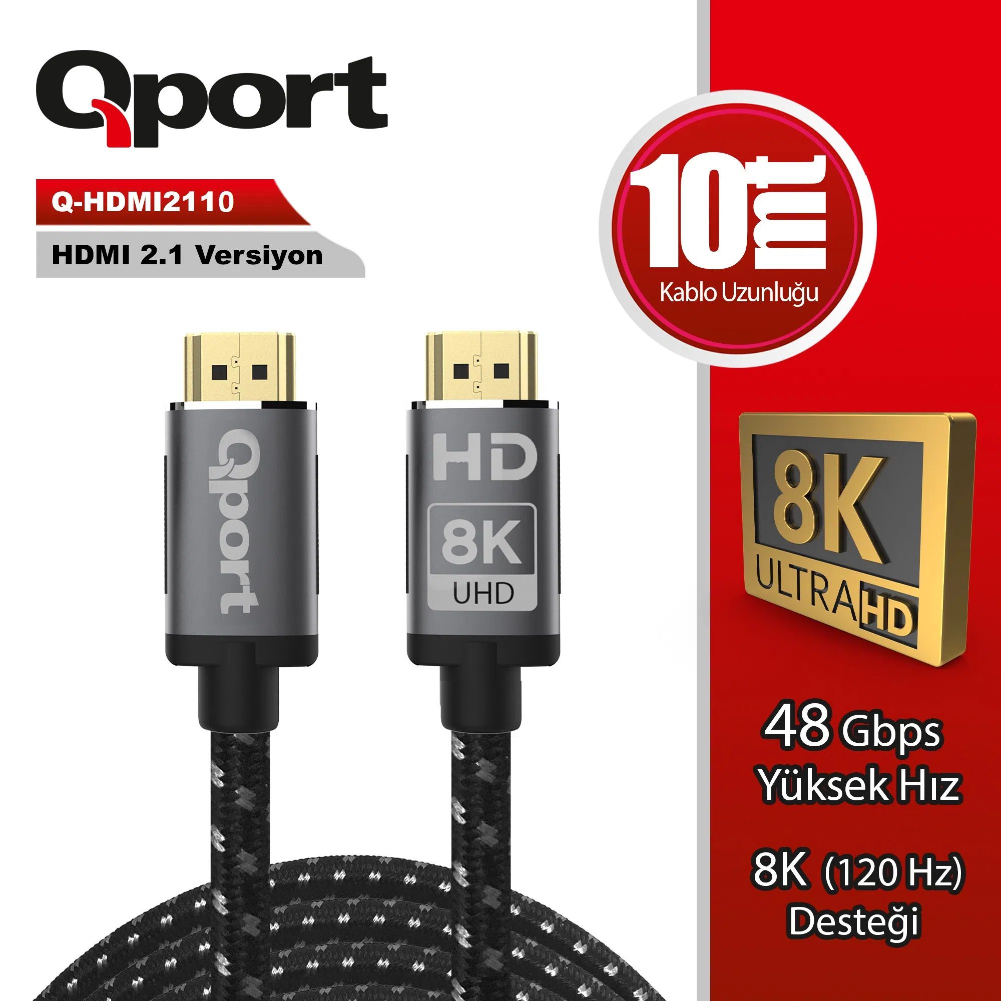 QPORT Q-HDMI2110 ALTIN UCLU 10MT 8K HDMI KABLO