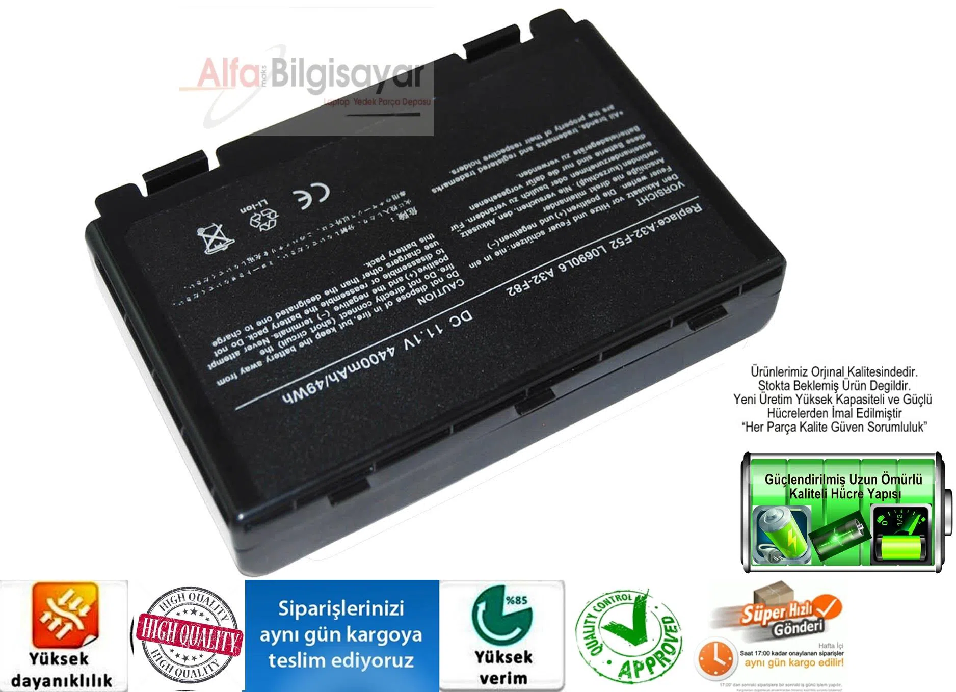 Asus P50, P50I, P50IJ, P50U Batarya Yüksek Performanslı Pili A++ Güçlü Güvenli