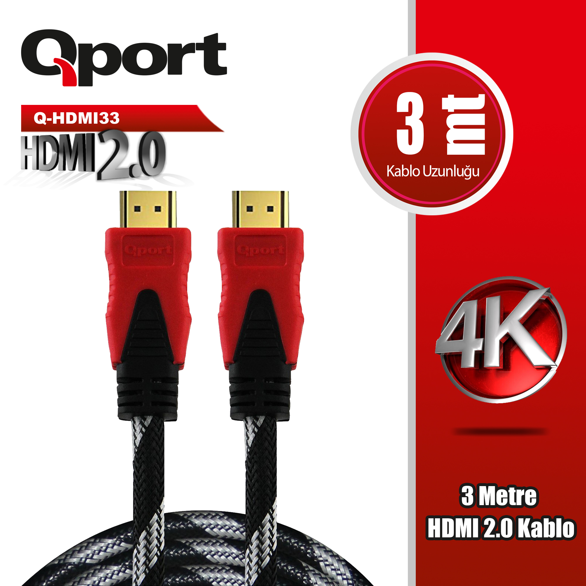 QPORT Q-HDMI33 3 METRE 2.0V 4K ALTIN UÇLU ÖRGÜLÜ KABLO