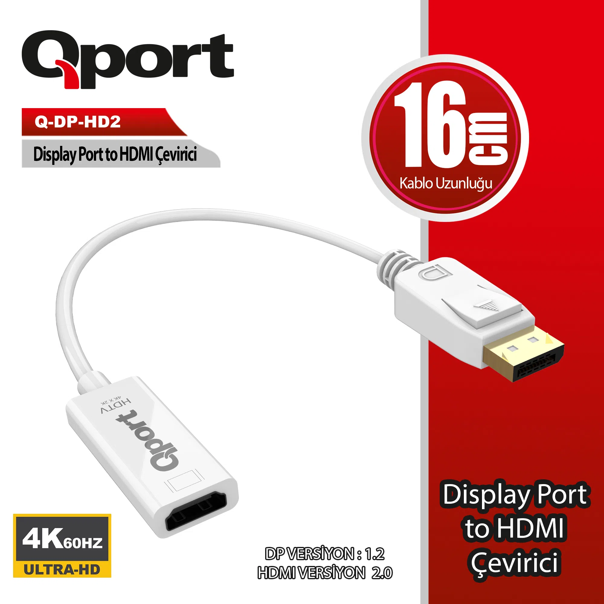 Qport Q-DP-HD2 DisplayPort - HDMI Çevirici 4K 60Hz