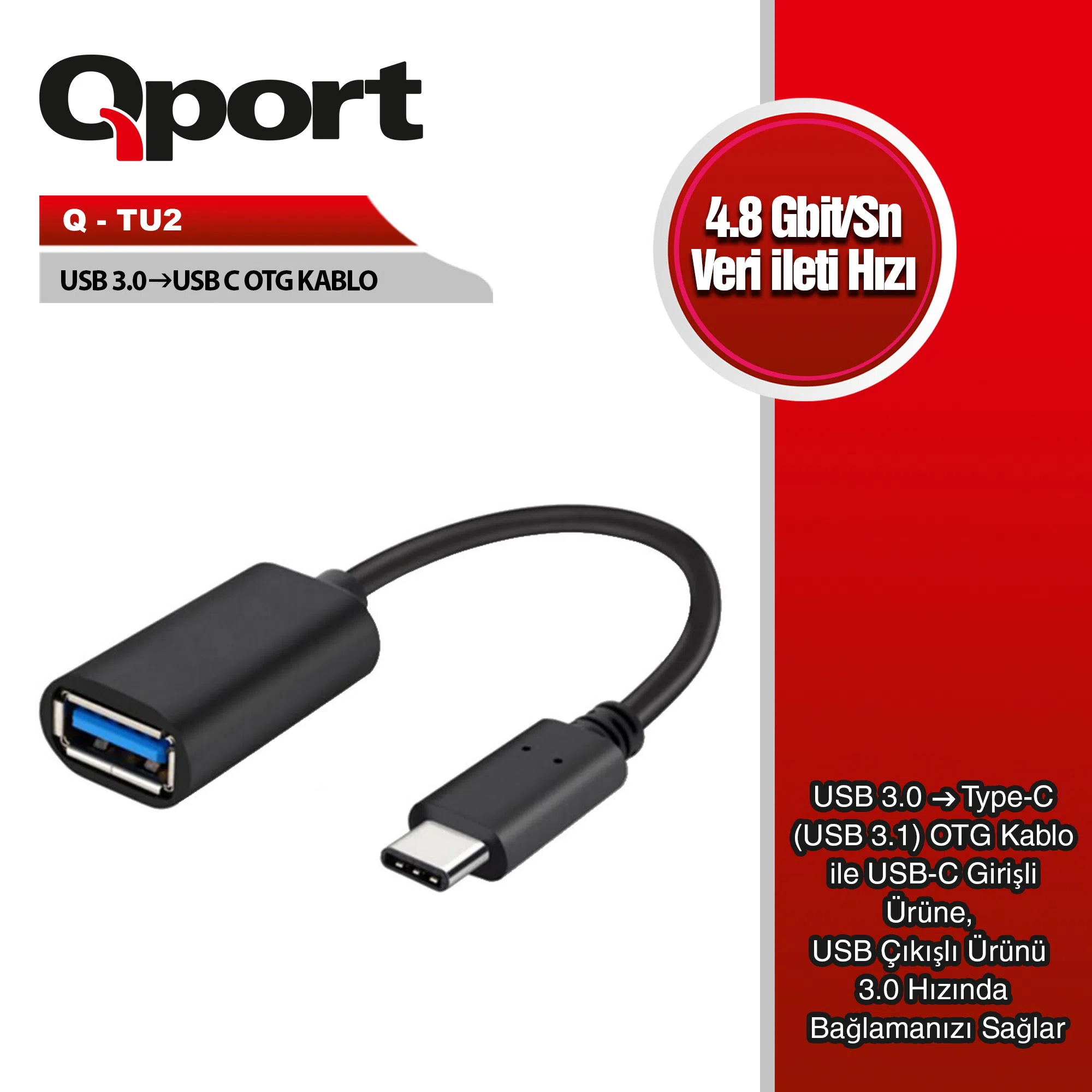 Qport Q-TU2 Type-C To USB3.0 OTG Adaptör Kablo Çevirici