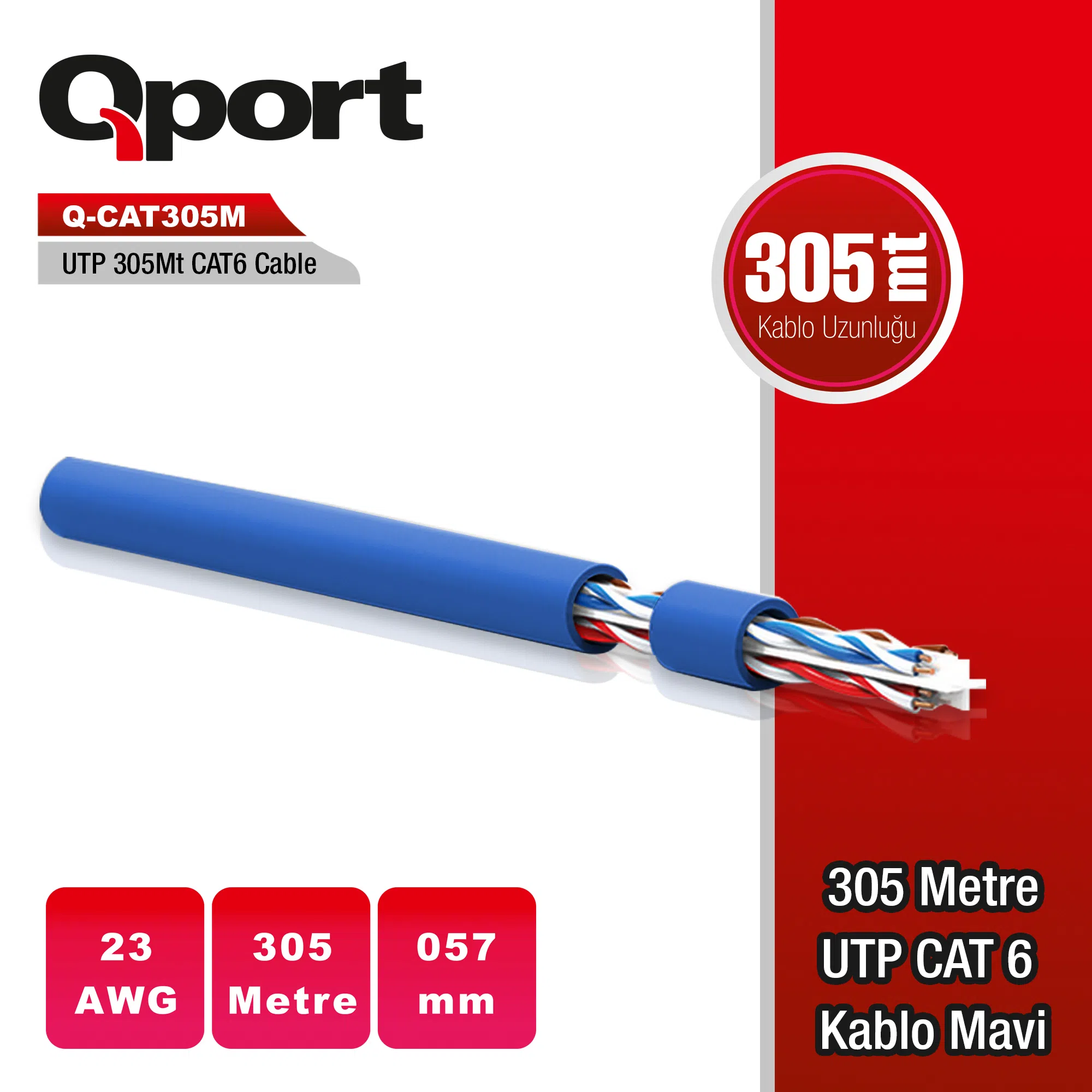 Qport Q-CAT6M UTP 305m UTP 23AWG Mavi Network Kablo