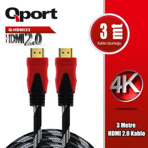 QPORT Q-HDMI33 3 METRE 2.0V 4K ALTIN UÇLU ÖRGÜLÜ KABLO