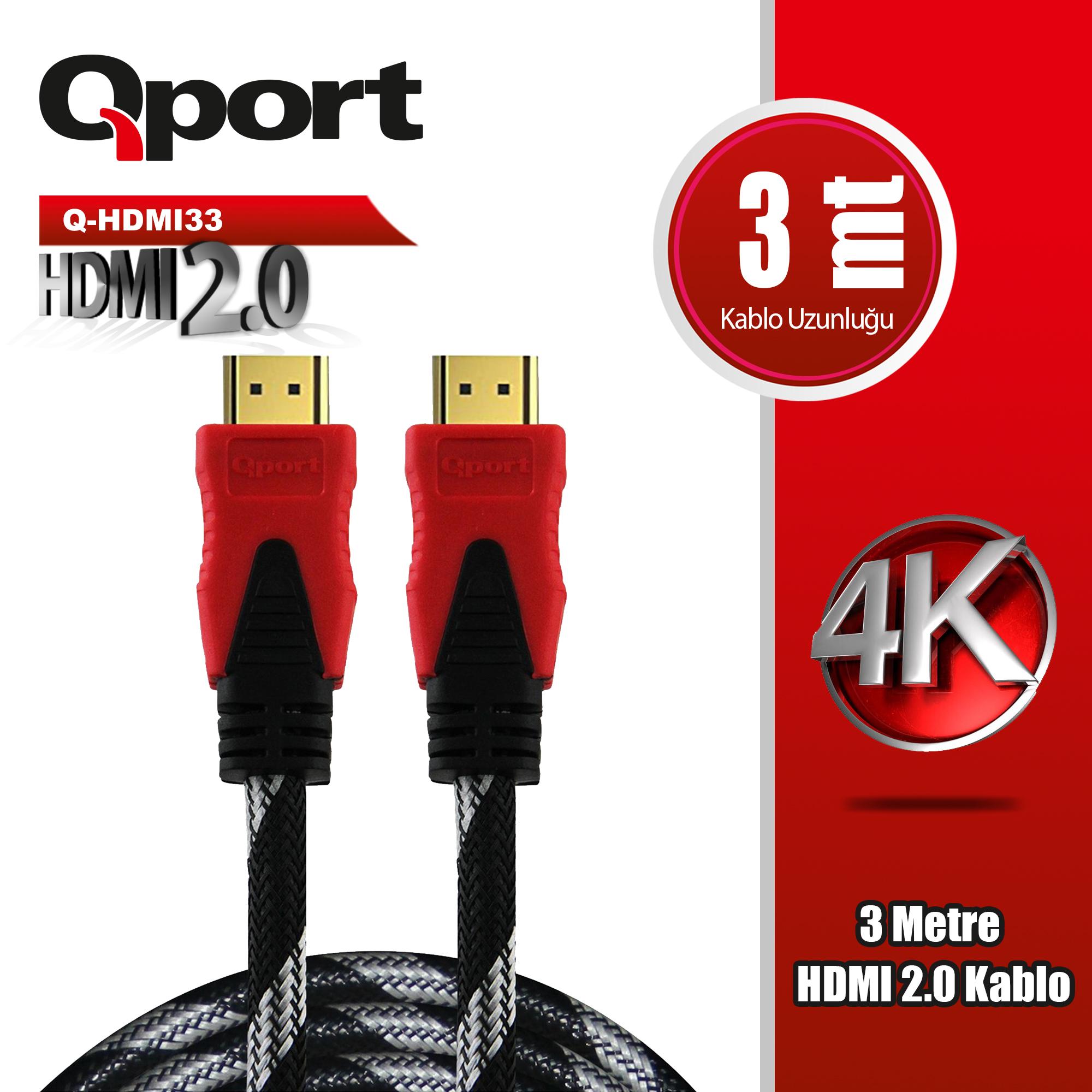 QPORT Q-HDMI33 3 METRE 2.0V 4K ALTIN UÇLU ÖRGÜLÜ KABLO