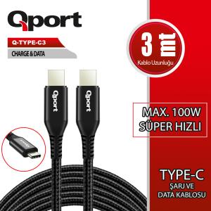 QPORT Q-TYPE-C3 3M TYPE-C 100W SUPER HIZLI PD SARJ VE DATA KABLOSU