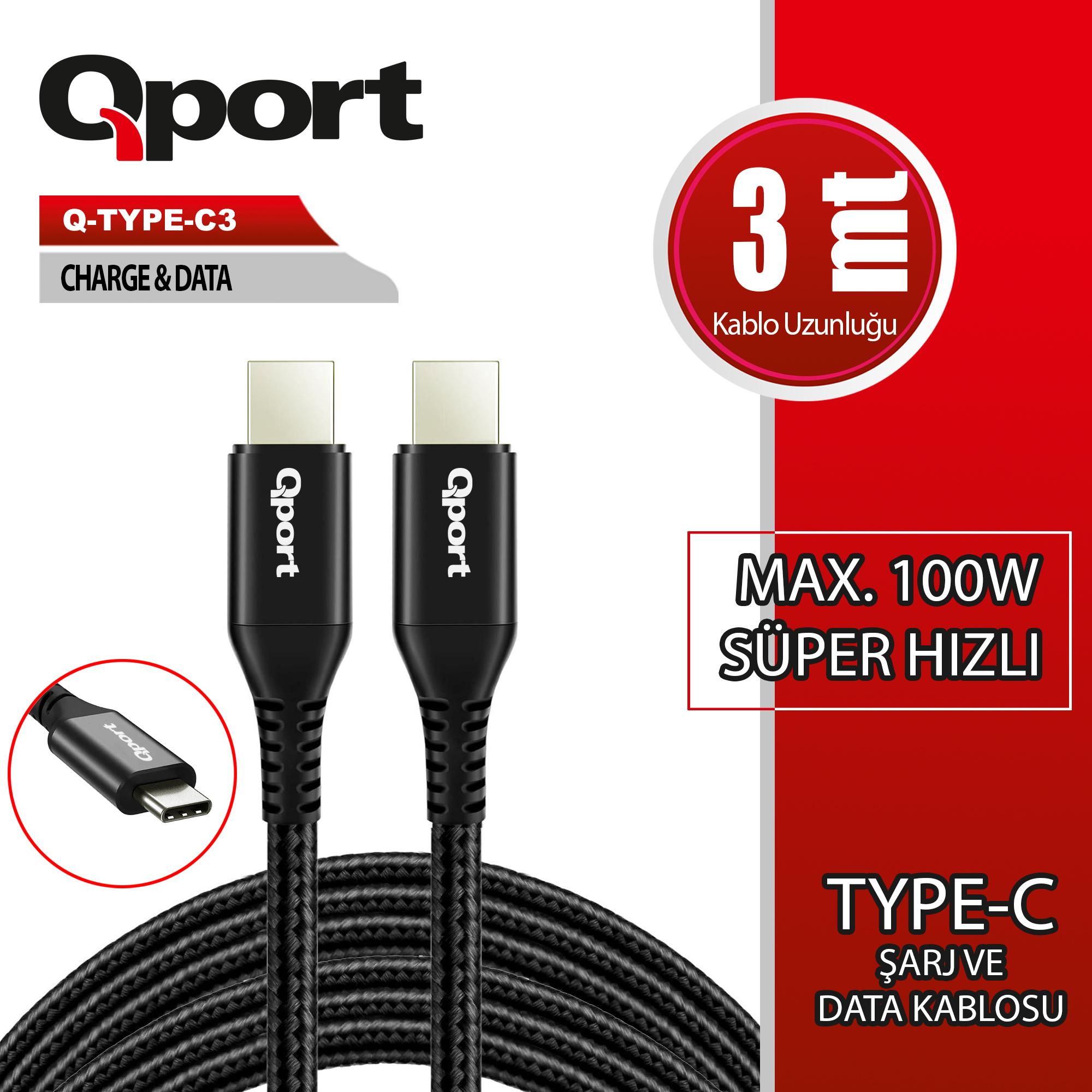 QPORT Q-TYPE-C3 3M TYPE-C 100W SUPER HIZLI PD SARJ VE DATA KABLOSU